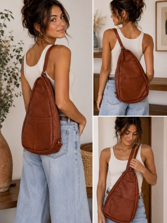 Lavie Handbags - Lavie Cognac Genuine Leather Sling Backpack Crossbody Bag Adjustable Boho